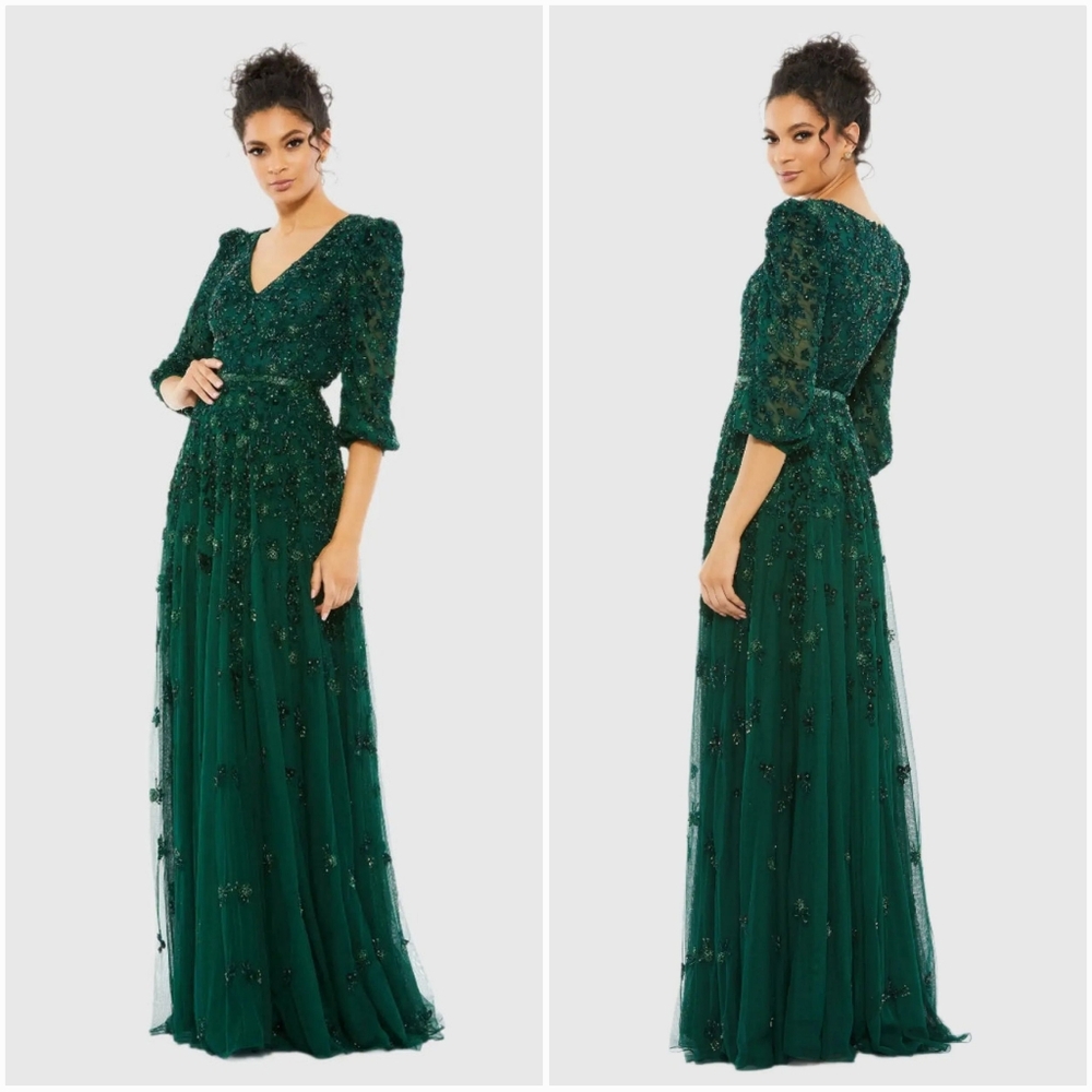 Mac Duggal Forest Green Beaded Gown